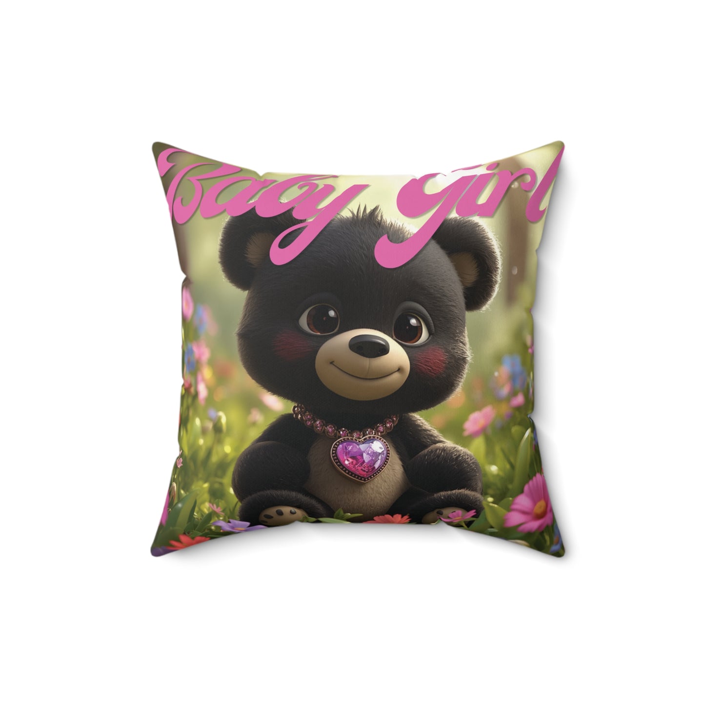 Personalized Baby Girl Bear Nursery Pillow — Custom Name & Birth Details