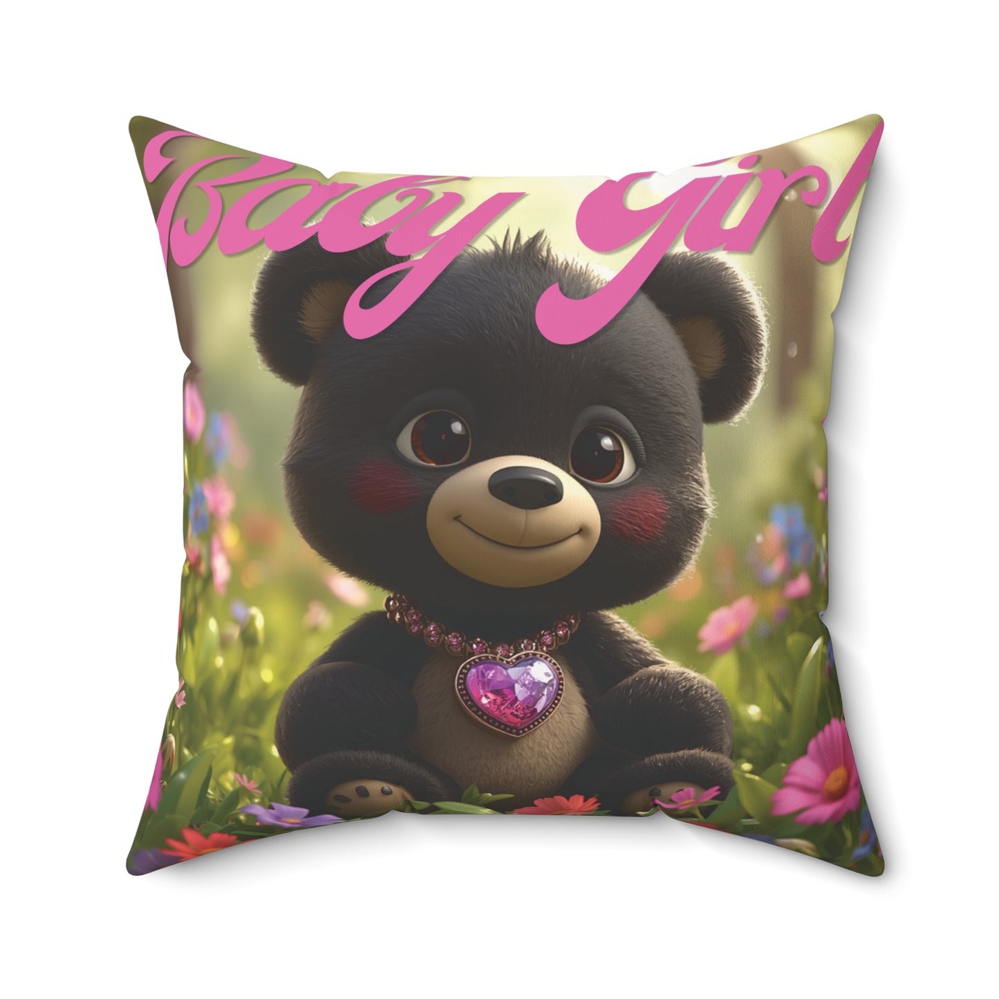Personalized Baby Girl Bear Nursery Pillow — Custom Name & Birth Details