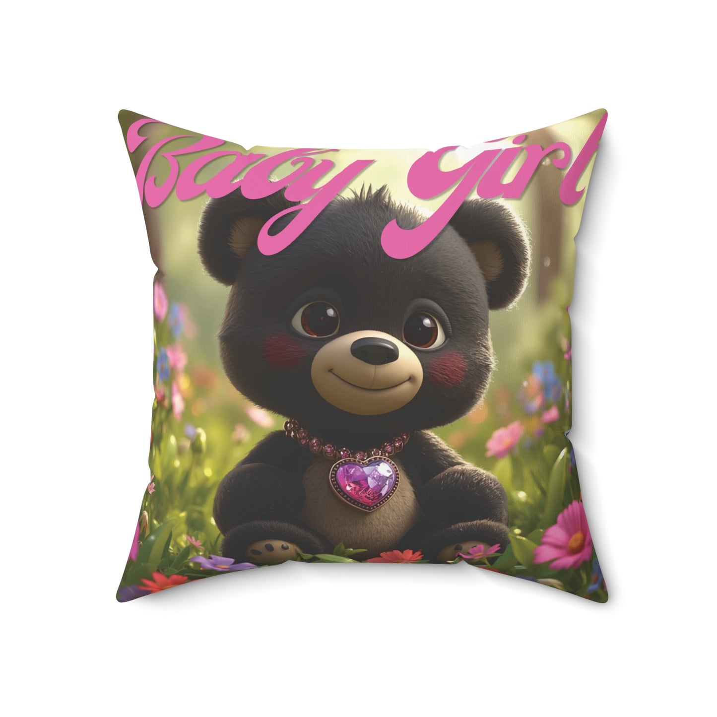 Personalized Baby Girl Bear Nursery Pillow — Custom Name & Birth Details