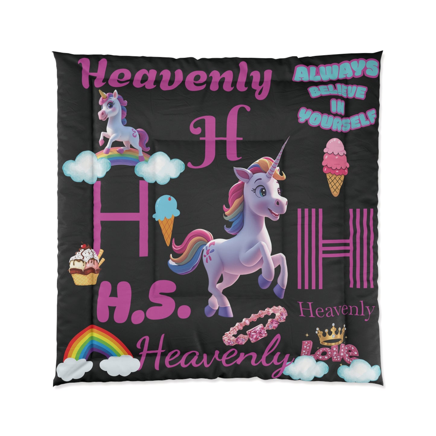 Personalized Name - Unicorn Comforter – Kids’ Rainbow & Ice Cream Bedroom Duvet