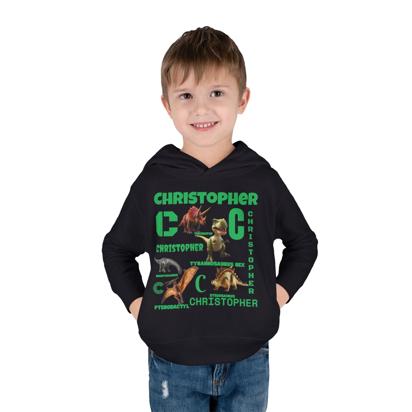 Boys Toddler Hoodie — Personalized Dino Name Collage (Custom Kids Pullover)
