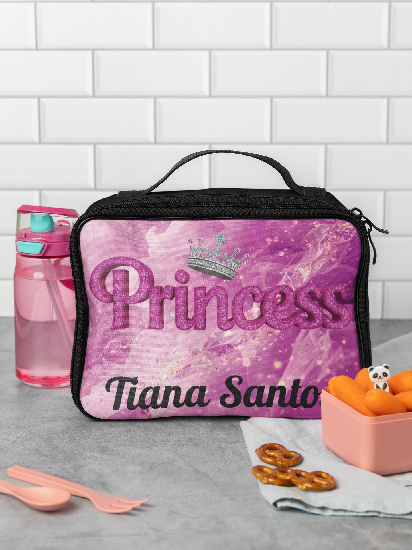Princess Personalized Lunch Bag — Kids' Pink Crown Lunchbox with Name (Tiana Santos)