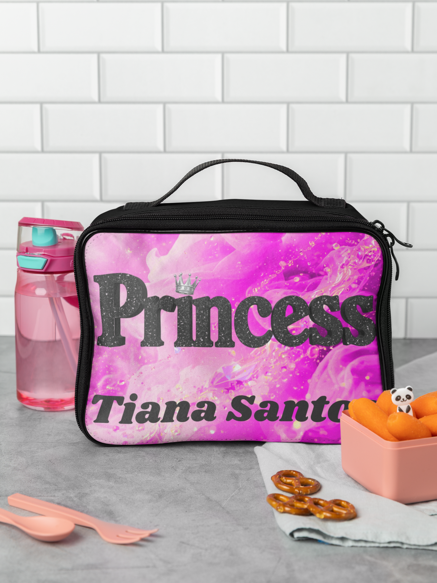 Princess Personalized Lunch Bag — Custom Name Pink Glitter Kids Lunchbox