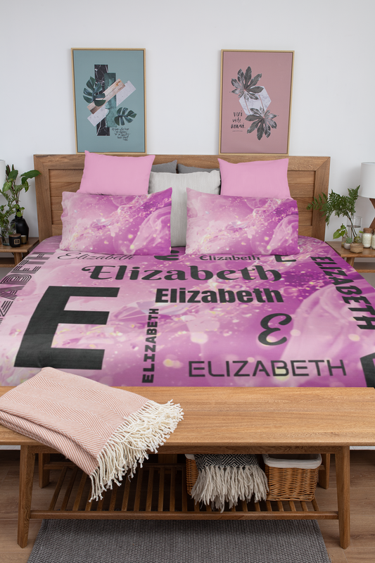 Elizabeth Personalized Cotton Bed Set – Playful Pink & Purple Name and Monogram Bedding Gift
