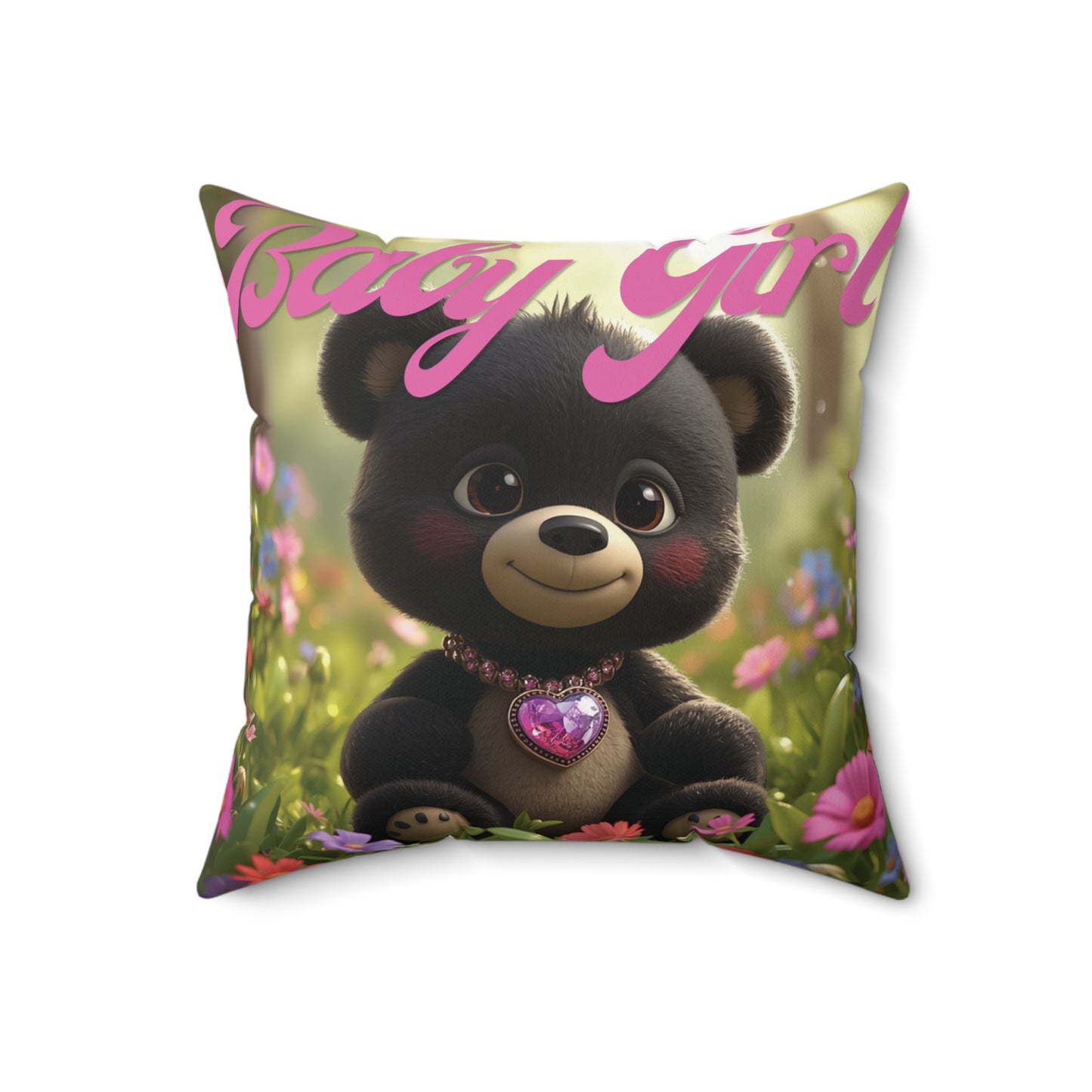 Personalized Baby Girl Bear Nursery Pillow — Custom Name & Birth Details