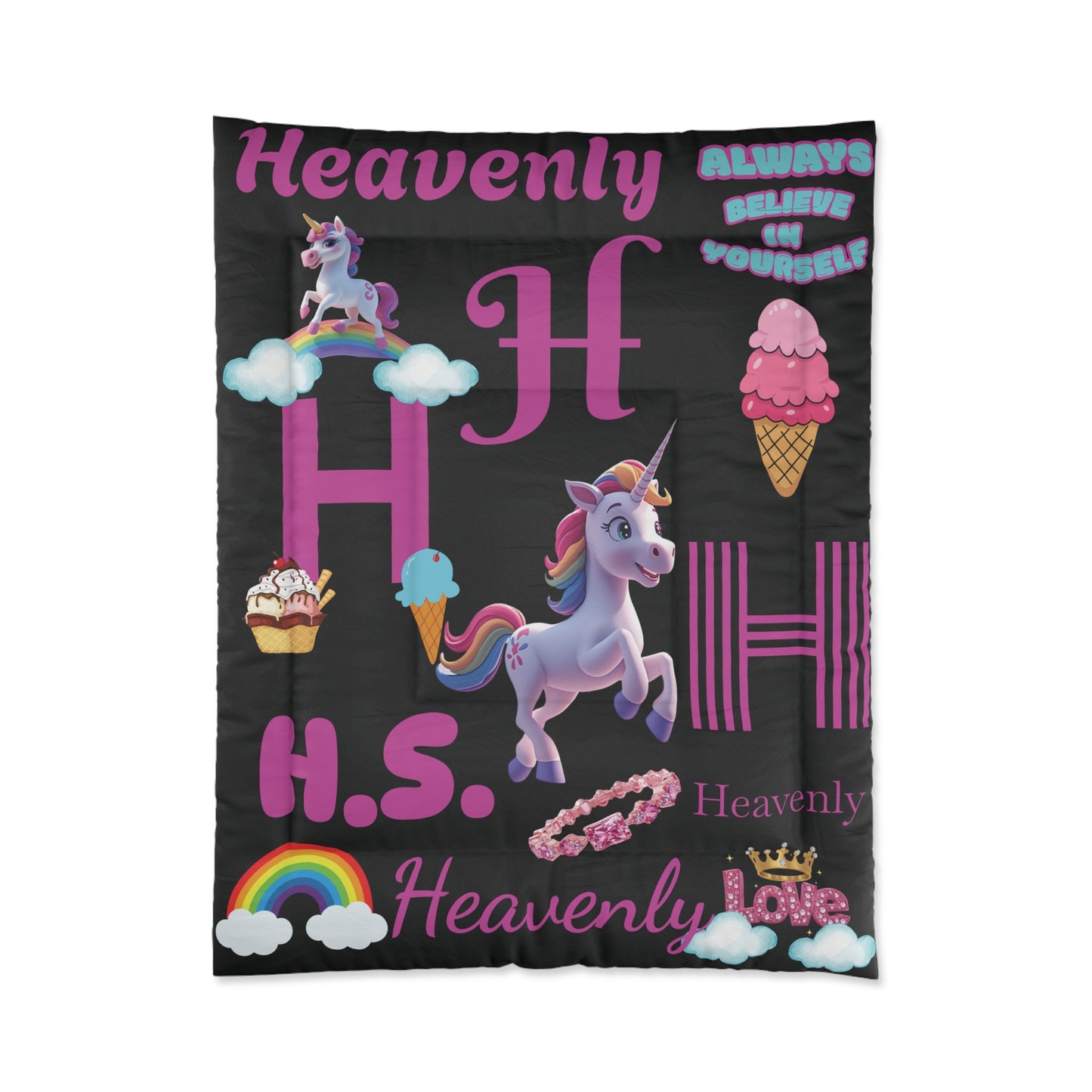 Personalized Name - Unicorn Comforter – Kids’ Rainbow & Ice Cream Bedroom Duvet