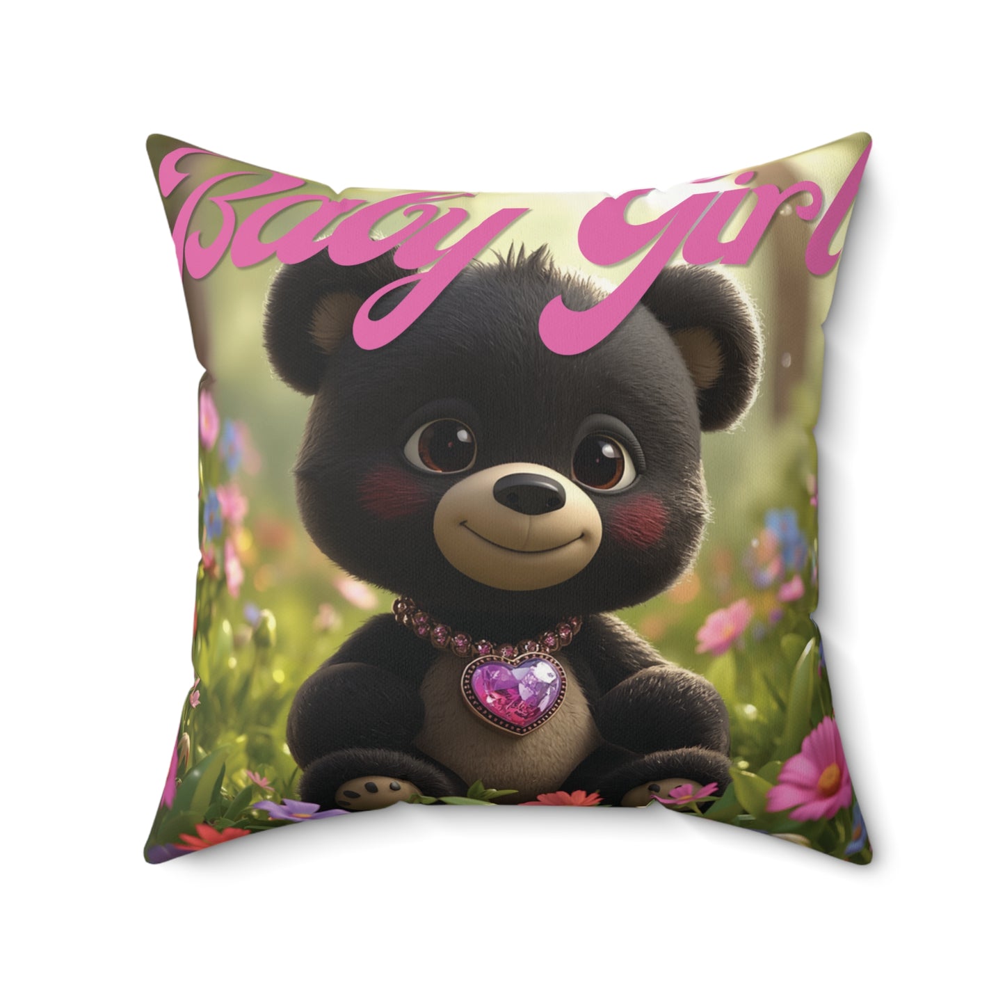 Personalized Baby Girl Bear Nursery Pillow — Custom Name & Birth Details