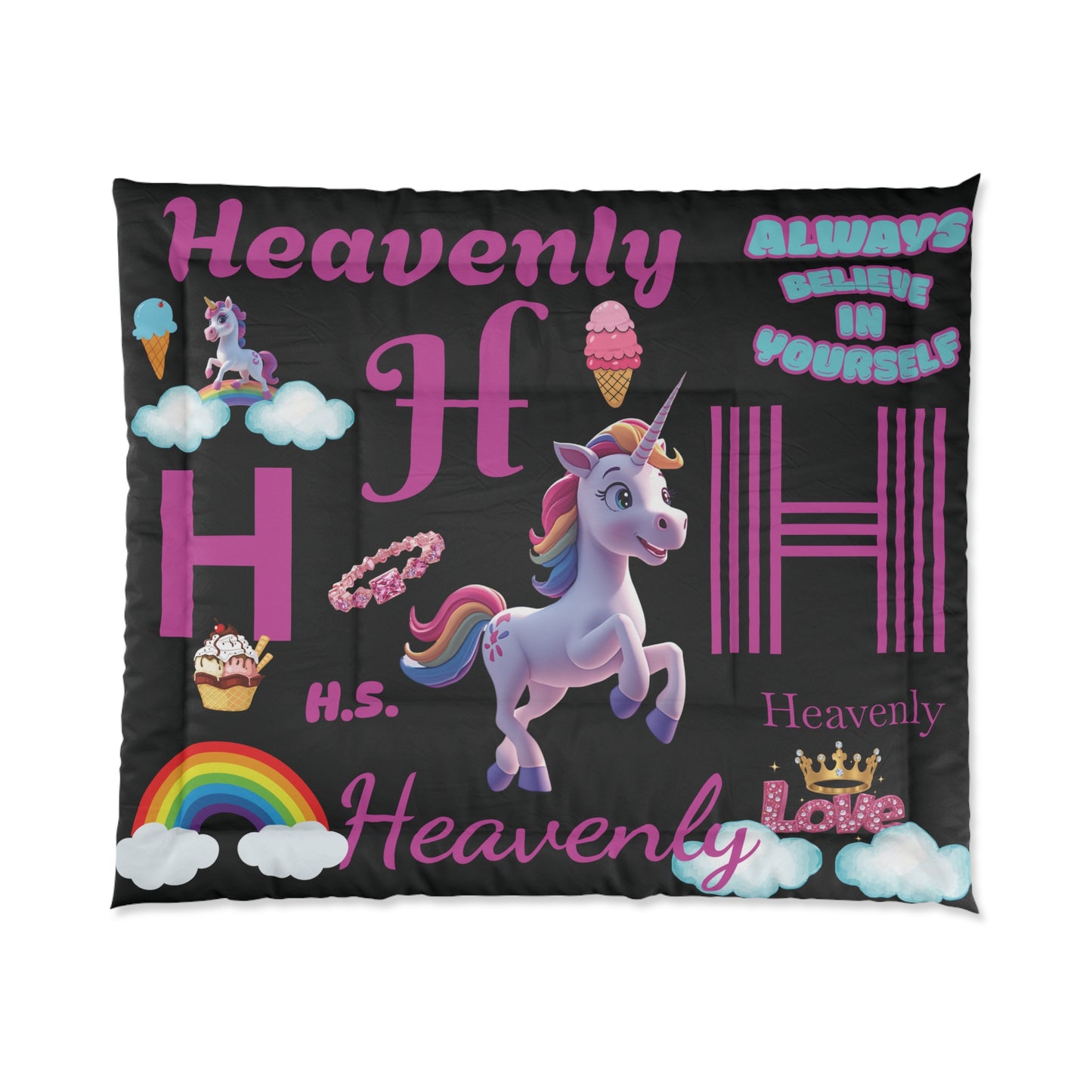 Personalized Name - Unicorn Comforter – Kids’ Rainbow & Ice Cream Bedroom Duvet