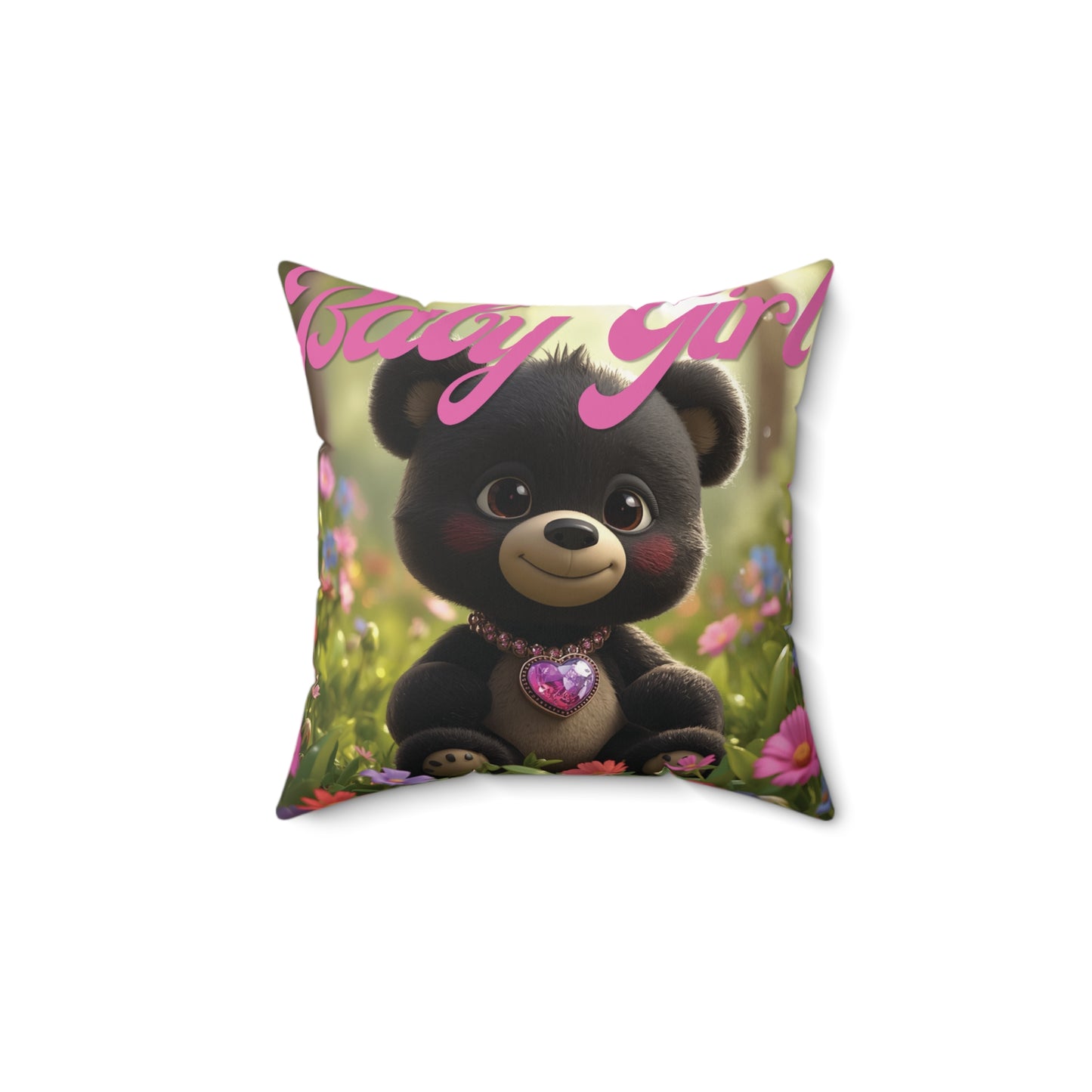 Personalized Baby Girl Bear Nursery Pillow — Custom Name & Birth Details