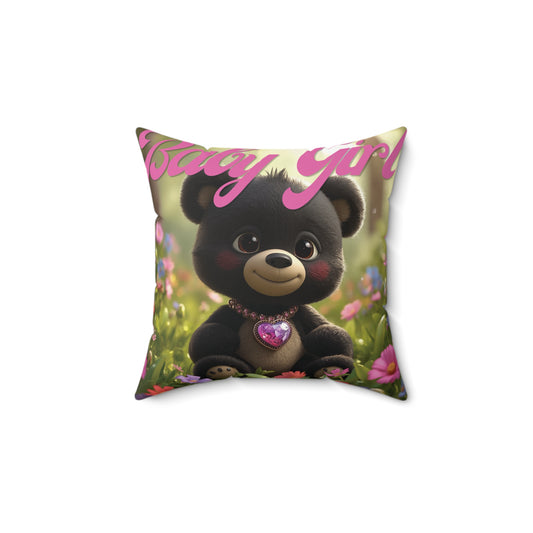 Personalized Baby Girl Bear Nursery Pillow — Custom Name & Birth Details