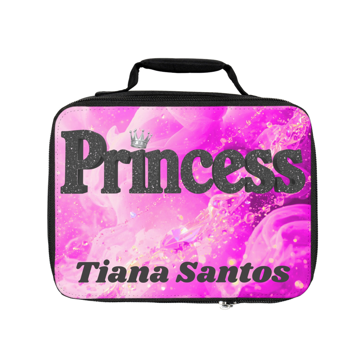Princess Personalized Lunch Bag — Custom Name Pink Glitter Kids Lunchbox