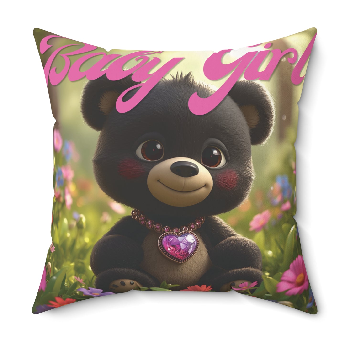 Personalized Baby Girl Bear Nursery Pillow — Custom Name & Birth Details